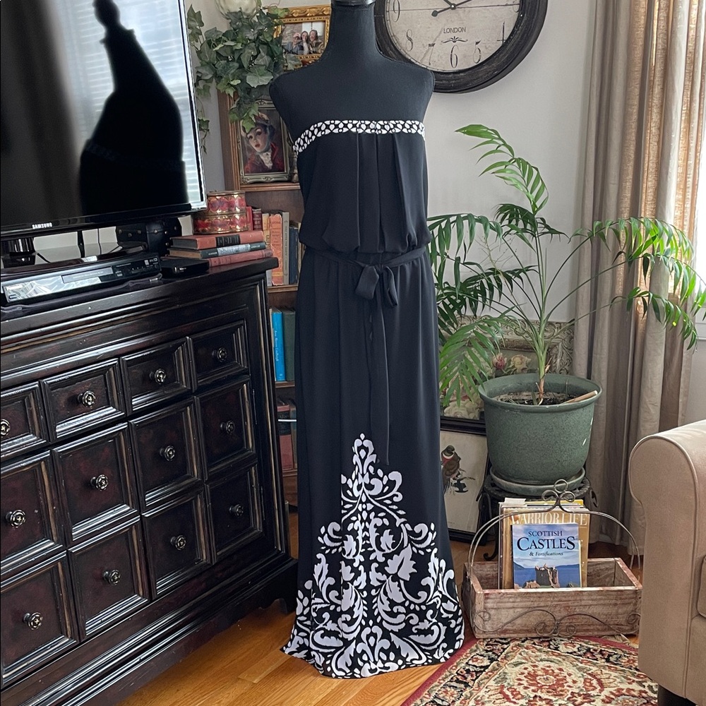 White House Black Market Black Strapless Maxi with White Scroll Motif